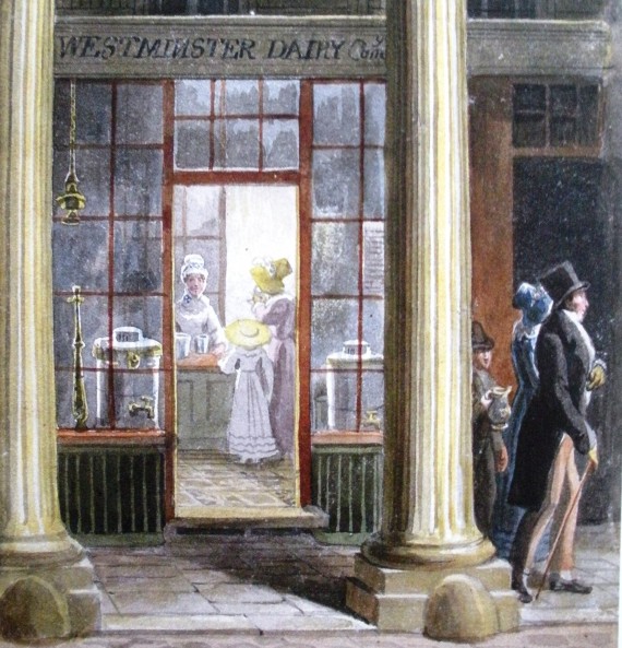 Ausschnitt vom Aquarell Milchladen von Georg Scharf