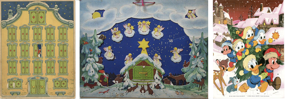 v. l. n. r. Christkindleins Haus um 1925, Gegenwartskalender mit Engeln und Waldtieren, Mickey Mouse um 1975