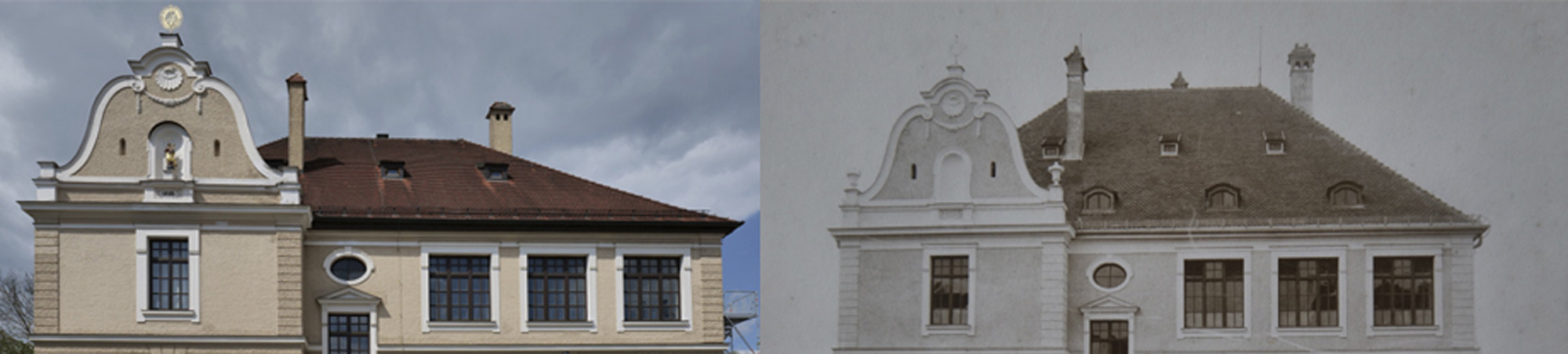 Links: Gebäude heute, rechts: kurz nach Fertigstellung