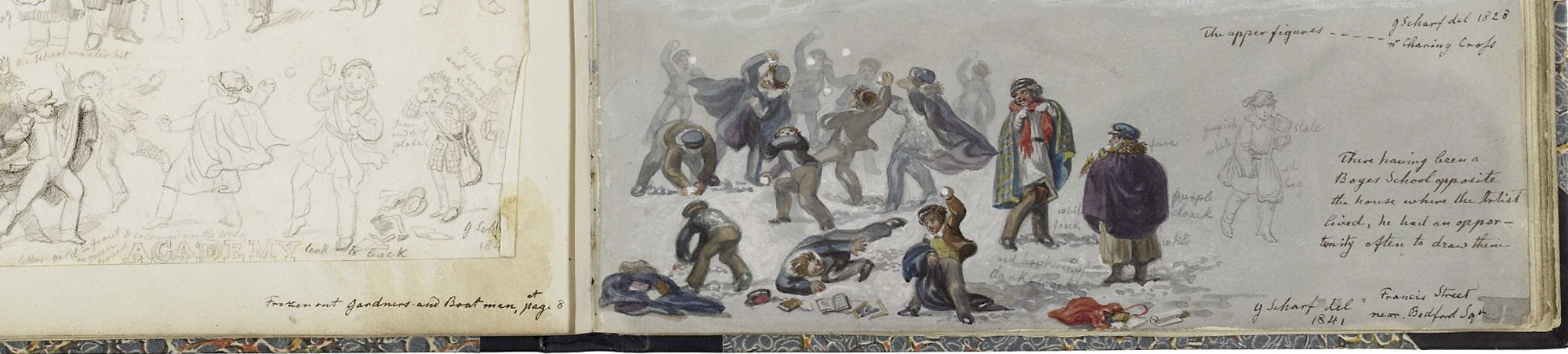 Faksimile vom Skizzenbuch, Ausschnitt mit &quot;Winterlichen Straßenszenen&quot;; linke Seite vorzeichnung mit Bleistift; rechte Seite coloriert