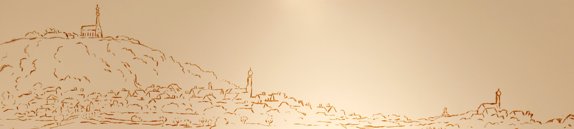 Grafik von Mainburg, stilisierte Rötelzeichnung vom Grafiker Stölzel nach Georg Scharfs Stadtansicht von Mainburg