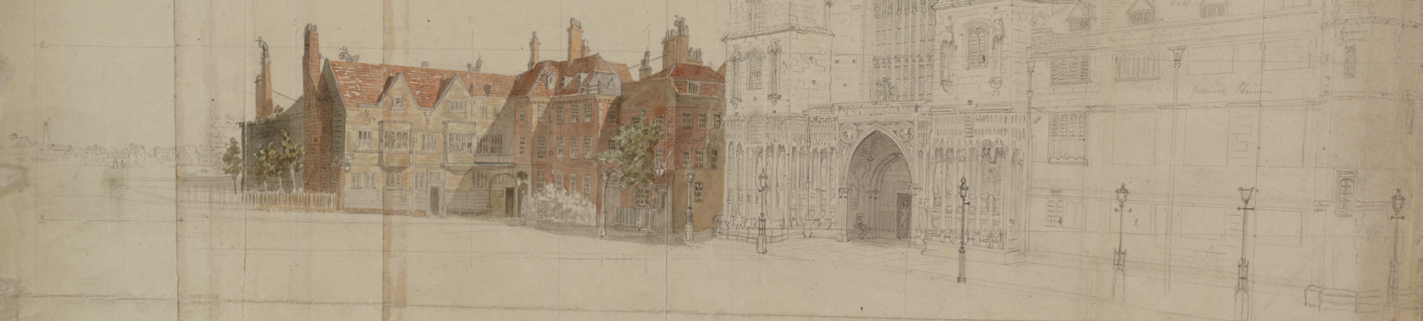 Filigrane Vorzeichnung mit Bleistift, teilweise mit Farbe und Lichtverhältnissen coloriert