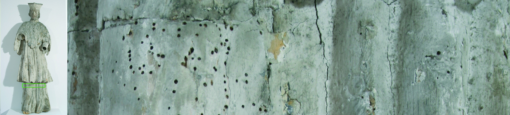 Sculptur Hl. Johannes Nepomuk und Detail dazu mit starkem Holzwurmbefall, Risse im weißen Farbauftrag