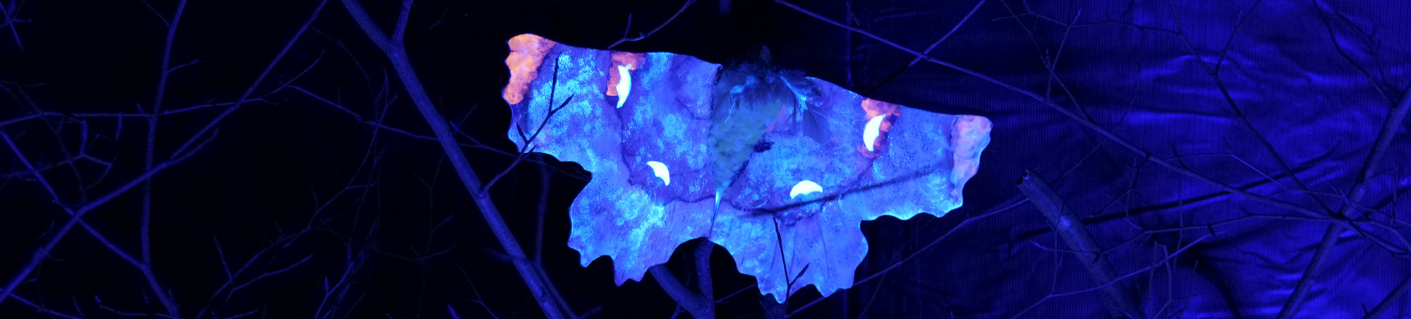 Überlebensgroßes Modell unter Schwarzlicht im Verdunkelungszelt