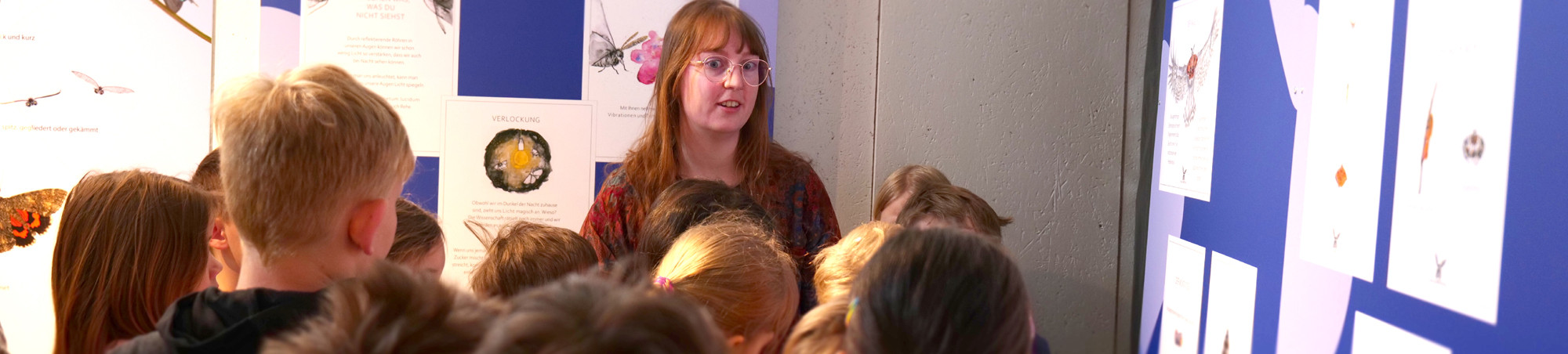 Kinder h&ouml;ren aufmerksam zu vor der Nachtfalterwand.