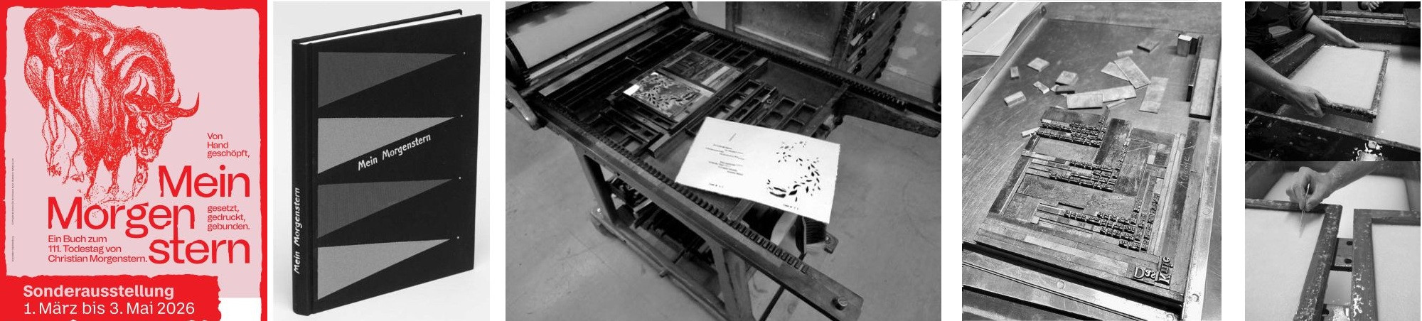 Plakat, Prachteinband, Satzspiegel auf Druckerpresse, Bleisatz, Papierherstellung